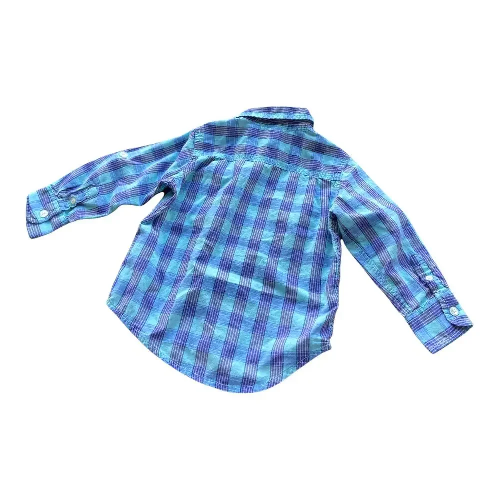 Gap Boys Shirt Size 2 Oceanside Blue Plaid Roll Tab Cuff Button Up‎ Front